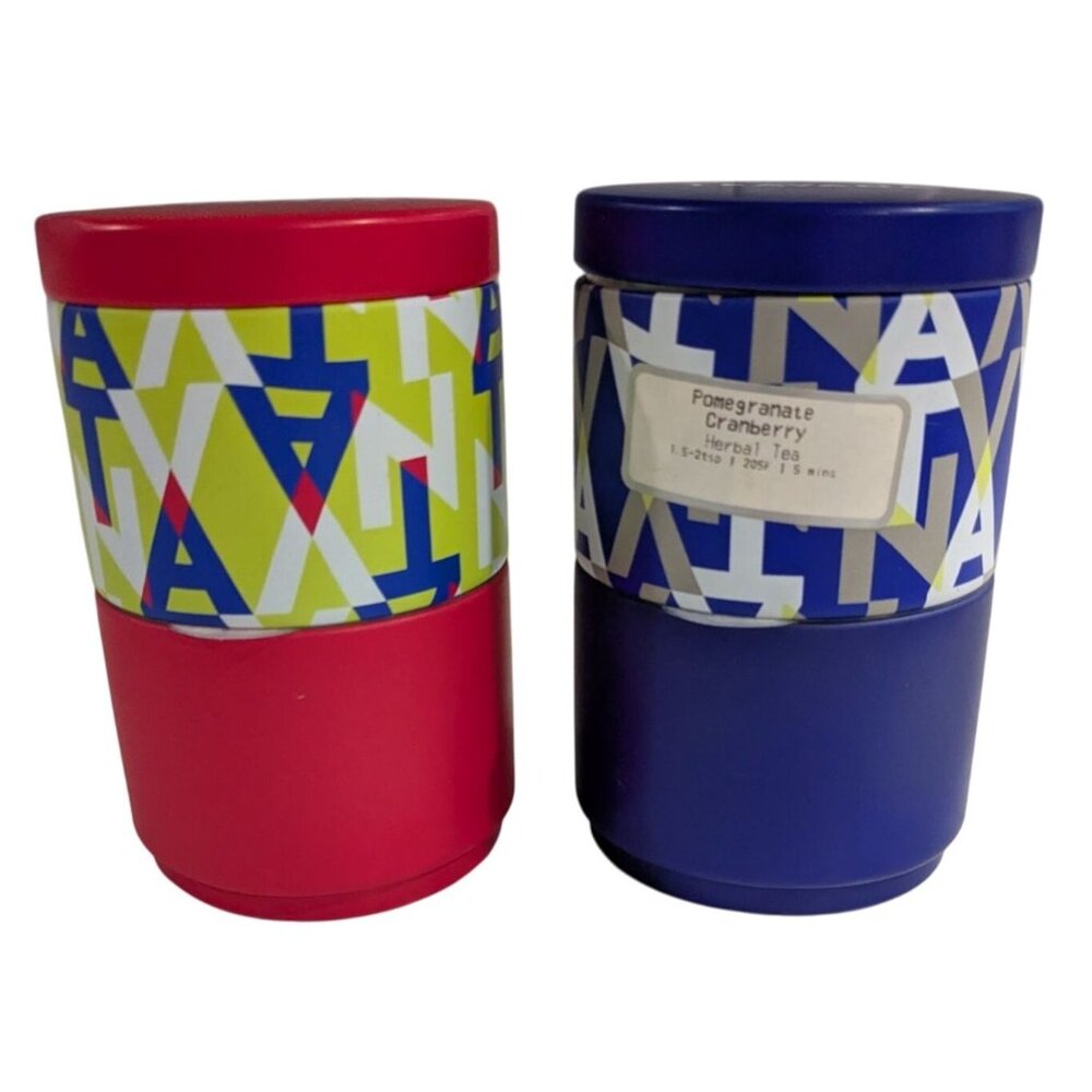 Teavana Tea Tin Set 2 Airtight Containers Red Blue Geometric Design